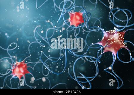 3D-Rendern von Nervenzellen auf blauem Hintergrund. 3D-Renderbakterienvirus, 3D-Render Mikrobe. Stockfoto