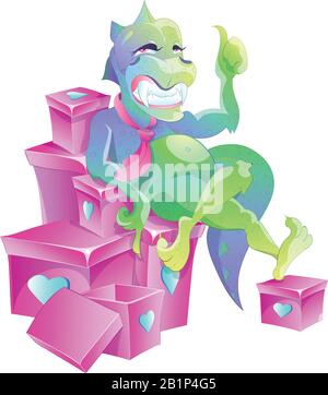 Bezaubernder Dinosaurier mit einem schlankenden Look sitzt mit Geschenken auf den Kisten. Er zeigt mit dem Finger auf die offene Kiste. Geschenke zum Valentinstag. Stock Vektor