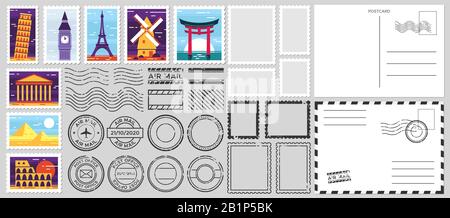 Briefmarken. Briefumschlag, Poststempel und Poststempelvektor eingestellt. Cachets und Postmarken mit verschiedenen Orientierungspunkten. Leer Stock Vektor