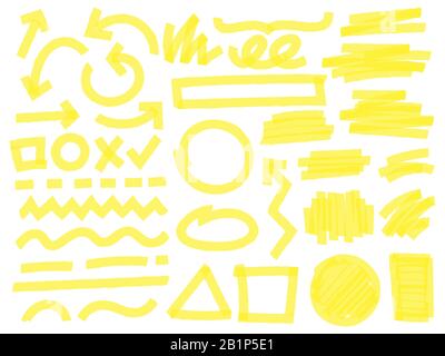 Markieren Sie Markierungsstriche. Gelbe Häkchen, Text-Textmarkierungen und Hervorhebungen Markieren-Vektor-Set. Helle Pfeile, geometrische Formen, Linien und Stock Vektor