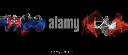 Flaggen der Slowakei und der Schweiz auf schwarzem Hintergrund, Slowakei vs. Schweiz Rauchfahnen Stockfoto