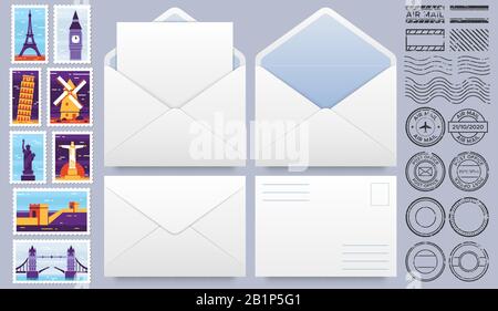 Briefumschlag mit Poststempeln. Briefmarken, Briefmarkenrahmen und realistische Briefumschläge verspotten Vorlagenvektor-Satz. Offene und geschlossene Papierhüllen Stock Vektor