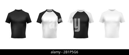 Schwarz-weißes T-Shirt Mockup. Schwarz Poloshirt, Männer Hemd Vorderansicht und Hemden realistische Vorlage 3D Vector Set. Legere Männerkleidung mit kurzen Ärmeln Stock Vektor