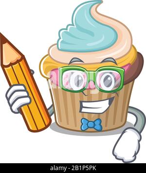 Ein cleverer Student Regenbogencupcake mit Bleistift Stock Vektor