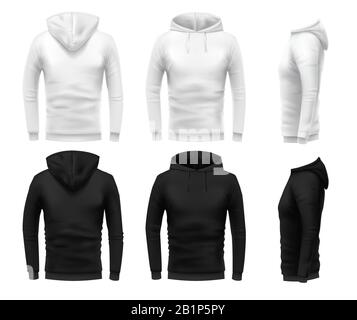 Realistisches Hoodie Mockup. Schwarzes Sweatshirt, weiße urbane Tragehoodie und realistische Kleidungsvorlage 3D-Sweatshirts mit Hoodie Vector Set. Schwarz und Stock Vektor