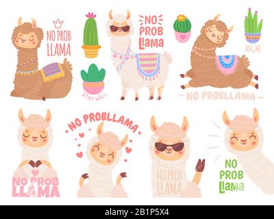 Keine Lama. Coole Lamas haben keine Probleme, Tiere aus der Tierwelt kein Problem zitieren Illustrationsvektor-Set. Lustige lama-aufkleber mit positiven Zitaten Stock Vektor