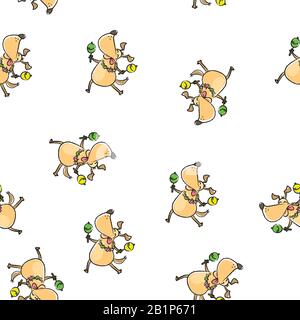 Lustiger tanzender Hund mit maracas nahtlosem Muster, niedlicher handgezeichneter Hintergrund, Vektorgrafiken Stock Vektor