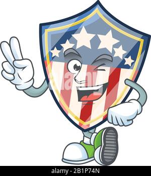 Niedliches Cartoon-Maskottchen-Bild von alten Schild-Abzeichen USA mit zwei Fingern Stock Vektor