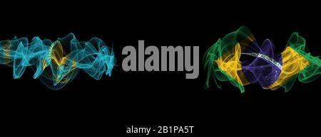 Flaggen Kasachstans und Brasiliens auf schwarzem Hintergrund, Kasachstan vs. Brasilien Smoke Flags Stockfoto
