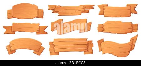 Holzbanner. Holztafeln, Bannerbrett und Cartoon-Signboard-Vektorsatz Stock Vektor
