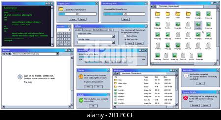 Retro-Benutzeroberfläche. Retro UI kopieren, herunterladen und Warnmeldungsfenster. Alter Internet-Browser, Terminal und Musik-Player-Vektorsatz Stock Vektor