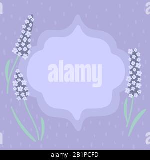 Rahmen für Text mit einem gepunkteten violetten Hintergrund. Abbildung der Sprechblase. Quadratisches Format. Süße Lavendelblüten in der Nähe des Vintage-Rahmens Stock Vektor