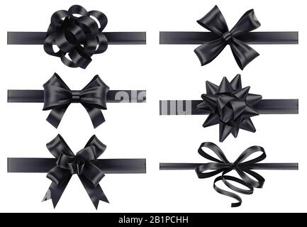 Realistische schwarze Bänder mit Schleifen. Dunkle, festliche Schleife, Weihnachtsgeschenk mit Farbband, 3D-Vektorset für realistische Illustrationen Stock Vektor