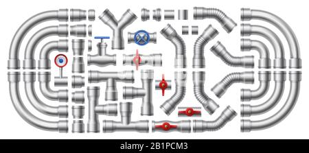 Metallpipeline. Vektorgrafik Stahlrohre, Rohrsteckverbinder und Industrieventile Stock Vektor