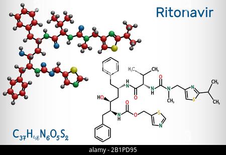 Ritonavir, C37H48N6O5S2-Molekül. Es handelt sich um einen antiretroviralen Proteasehemmer, der in der Therapie der HIV-Infektion und des Acquirs des humanen Immundefizienz-Virus eingesetzt wird Stock Vektor