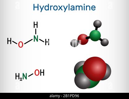 Hydroxylamin, NH2OH-Molekül. Es handelt sich um anorganische Verbindungen, die in der organischen Synthese und als Reduktionsmittel verwendet werden, da es in der Lage ist, Stickoxid zu spenden. Stock Vektor