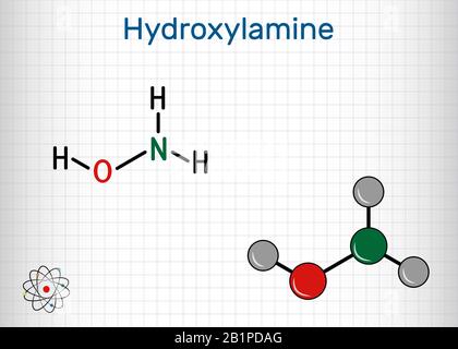 Hydroxylamin, NH2OH-Molekül. Es handelt sich um anorganische Verbindungen, die in der organischen Synthese und als Reduktionsmittel verwendet werden, da es in der Lage ist, Stickoxid zu spenden. Stock Vektor