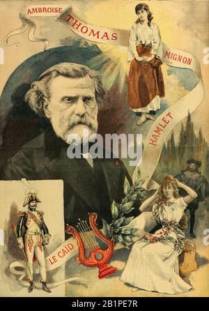 Gravur - Porträt des französischen Komponisten Ambroise Thomas (1126-1896) für die 1000ste Aufführung von 'Mignon' im Jahr 1894 - Privatsammlung Stockfoto
