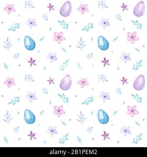 Fröhlicher Osterurlaub Aquarell nahtloses Muster mit bunten Eiern, Blumen und Blättern, Grußkarte, isoliert auf Weiß Stockfoto