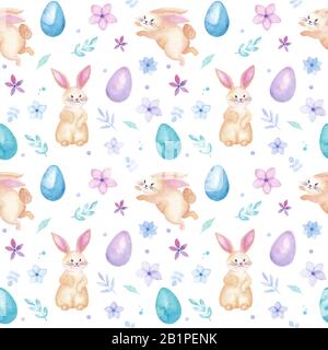Fröhlicher Osterurlaub Aquarell Kaninchen nahtloses Muster mit bunten Eiern, Blumen und Blättern, Grußkarte, isoliert auf Weiß Stockfoto