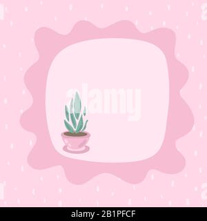 Pinkfarbener Rahmen für Text mit gepunkteten, zarten, quadratischen Hintergrund. Süße saftige Pflanze in einem Topf. Abbildung der Sprechblase. Kawaii zarte Farbtöne. Für Stock Vektor