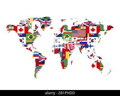 Viele Flaggen souveräner Staaten auf der Weltkarte Form auf weißem Hintergrund Stock Vektor