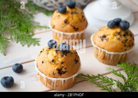Blaubeeren Muffins oder Cupcakes auf Holzstruktur, in der Nähe Stockfoto