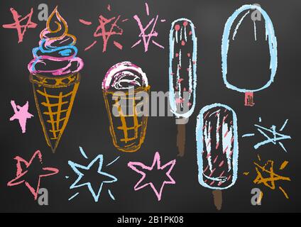 Kinderzeichnung färbt Kreide auf einer Tafel. Designelemente von Verpackungen, Postkarten, Verpackungen, Abdeckungen. Kreativität süßer Kinder. Eis, Süßigkeiten Stock Vektor