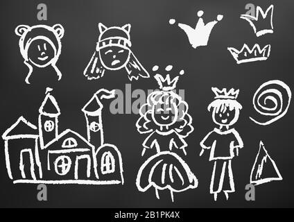 Kinderzeichnung mit weißer Kreide auf schwarzem Brett. Designelemente von Verpackungen, Postkarten, Verpackungen, Abdeckungen. Kreativität süßer Kinder. Spirale, Dreieck Stock Vektor