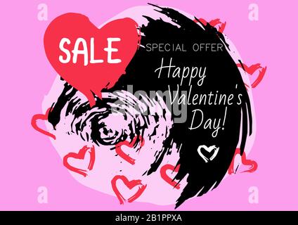 Postkarte, Flyer, Banner. Verkauf für den Tag der Liebenden. Alles gute zum Valentinstag. Rosafarbener Hintergrund, Herz Stock Vektor