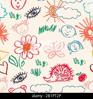 Nahtloses Muster. Zeichnen Sie Bilder, doodle. Schönes und helles Design. Interessante Bilder für Hintergründe, Textilien, Wandteppiche. Blumen, Wolken sonnen ihn Stock Vektor