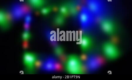 Defokussierte Neongrün-blaue und rote Lichter auf schwarzem Wandhintergrund, schöner abstrakter Hintergrund Stockfoto