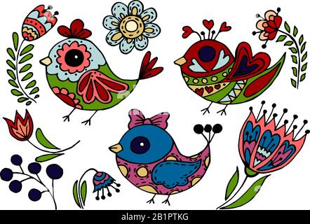 Eine Reihe von Elementen für Ihre Kreativität. Logos, Abzüge für Kleidung, Scrapbooking. Abstrakte Abbildung, Handzeichnung. Vögel, Zweige, Blätter, Beeren, Stock Vektor