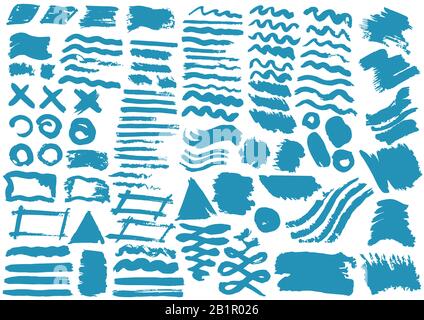 Vektordesignelemente. Blaue Streifen, Grunge. Handgefertigt. Originaltexturen, Handzeichnung. Pinsel, Rahmen für Text, Hintergründe. Wellen, Meer Stock Vektor
