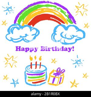 Zeichnungen von Kindern. Grußkarte, Flyer, Banner. Alles gute Zum Geburtstag Regenbogenkuchen Geschenk Stock Vektor