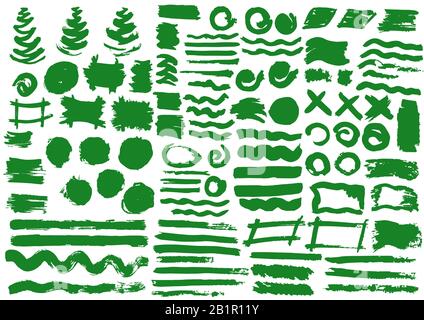 Vektordesignelemente. Grüne Streifen, Grunge. Handgefertigt. Originaltexturen, Handzeichnung. Pinsel, Rahmen für Texthintergründe Fischgrätmuster Stock Vektor