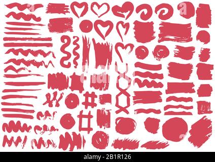 Liebe Designelemente. Vektor-Herz. Rote, rosafarbene Streifen, Grunge. Handgefertigt. Originaltexturen, Handzeichnen. Pinsel Rahmen Valentinstag Stock Vektor