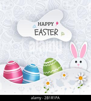 Weiße Oster-Ei-Fahne. Mehrfarbige Eier und Eierjäger-Häschen auf Musterhintergrund. Frohe Ostern. In der Wolke Stock Vektor