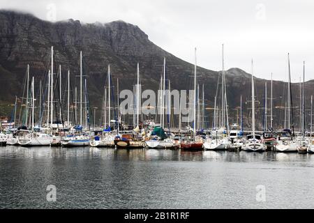 Yachten in Hout Bay Hafen in der Nähe von Kapstadt, Südafrika. Stockfoto