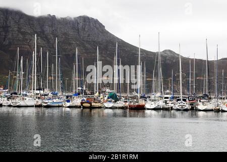 Yachten in Hout Bay Hafen in der Nähe von Kapstadt, Südafrika. Stockfoto