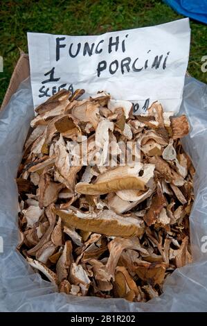 Getrocknete Pfennigbun- oder cep-Pilze (Boletus edilis) zum Verkauf in Sutri, Latium, Italien Stockfoto