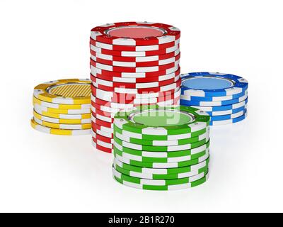 Casino-Chips isoliert auf weißem Hintergrund. 3D-Abbildung. Stockfoto