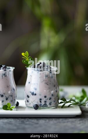 Chia Pudding Schüssel mit Blaubeeren, Gesundes Frühstückskonzept. Stockfoto