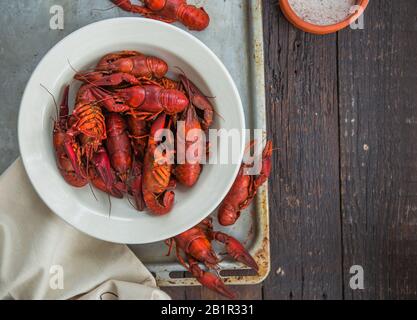 Langusten. Rot gekochte crawfishes auf Tisch im rustikalen Stil, Nahaufnahme. Hummer Nahaufnahme. Stockfoto