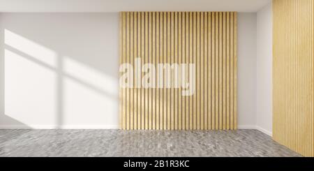 Leerer weißer Raum mit Holzpaneel und weißen Wänden mit Schatten vom Fenster- und Hartholzboden - Präsentation oder Galeriearchitektur Hintergrund-Elmen Stockfoto