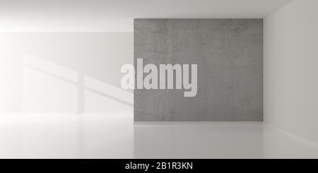 Leerer weißer Raum mit leeren Wänden, zentrischem Grunge Betonwandelement und Fenstersonnenschatten - Präsentation oder Galeriearchitektur Hintergrund el Stockfoto