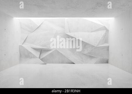 Weißer, moderner Raum aus Beton mit polygonalem Dreieck, abstrakter Rückwand, von oben beleuchtet - Galerie oder Vorlage für Produktpräsentation, 3D-Darstellung Stockfoto