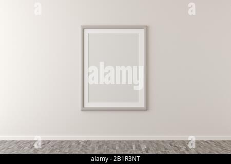 Leerer Bilderrahmen, der in einem hellen Raum an der weißen Wand hängt, mit braunem Holzboden mit Kopierbereich - Portfolio, Galerie oder Vorlage - 3D Stockfoto