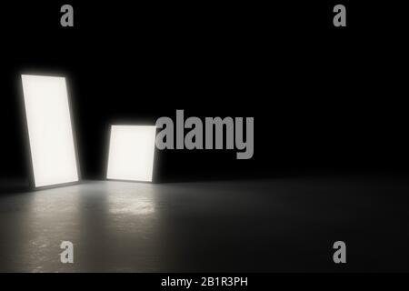 Zwei warmleuchtende rechteckige Lichtobjekte auf glänzendem modernen Industriebetonboden in einem großen dunklen Raum mit Kopierraum - 3D-Darstellung Stockfoto