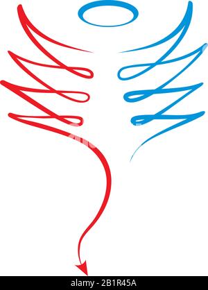 Angel- oder Teufelssymbol in linealer Abbildung. Rote und blaue Farben. Stock Vektor